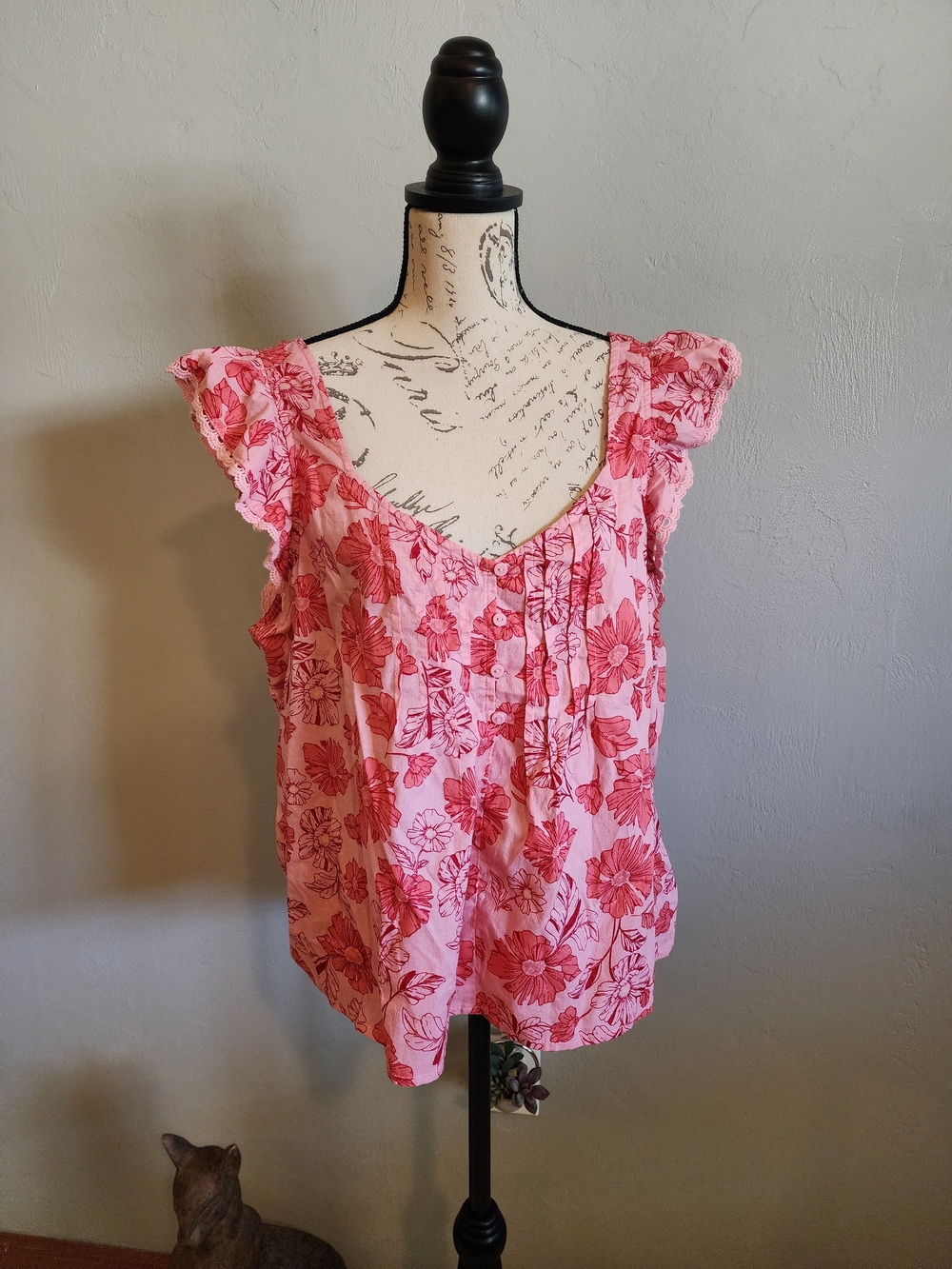 Jessica Simpson Pink Floral Pintuck Ruffle Sleeve Camisole